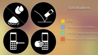Spécifications
IP-65
Abrasion (70 RCA cycles)
Test de chute (2 mètres)
100.000 essais de touche
 