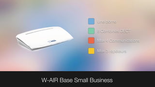 W-AIR Base Small Business
Une borne
8 Combinés DECT
Max 4 Communications
Max 3 répéteurs
 