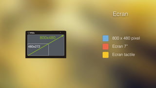 Ecran 7”
800 x 480 pixel
Ecran
800x480
480x272
Ecran tactile
 