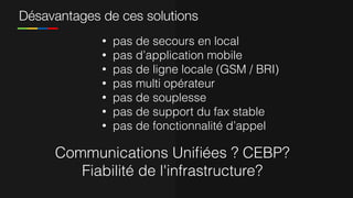 Désavantages de ces solutions
• pas de secours en local
• pas d’application mobile
• pas de ligne locale (GSM / BRI)
• pas multi opérateur
• pas de souplesse
• pas de support du fax stable
• pas de fonctionnalité d’appel
Communications Uniﬁées ? CEBP?
Fiabilité de l'infrastructure?
 
