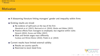 (Gender) Tone at the top
Motivation
Motivation
A blossoming literature linking managers’ gender and inequality within firm...