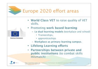 http://Learning-Layers-eu – Scaling up Technologies for Informal Learning in SME Clusters –
layers@learning-layers.eu
Europe 2020 effort areas
• World Class VET to raise quality of VET
skills.
• Promoting work based learning
– i.e dual learning models (workplace and school)
• Traineeships,
• apprenticeships
– Workplace as primary learning campus.
• Lifelong Learning efforts
• Partnerships between private and
public institutions (to combat skills
mismatch)
4
 