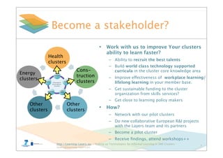 http://Learning-Layers-eu – Scaling up Technologies for Informal Learning in SME Clusters –
layers@learning-layers.eu
Become a stakeholder?
7
Health
clusters
Energy
clusters
Cons-
truction
clusters
Other
clusters
Other
clusters
• Work with us to improve Your clusters
ability to learn faster?
– Ability to recruit the best talents
– Build world class technology supported
curricula in the cluster core knowledge area
– Improve effectiveness of workplace learning/
lifelong learning in your member base.
– Get sustainable funding to the cluster
organization from skills services?
– Get close to learning policy makers
• How?
– Network with our pilot clusters
– Do new collaborative European R&I projects
with the Layers team and its partners
– Become a pilot cluster
– Receive ﬁndings, attend workshops++
 
