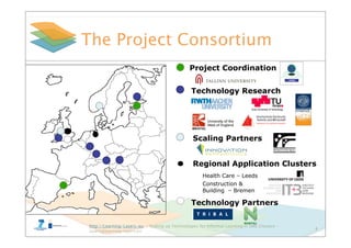 http://Learning-Layers-eu – Scaling up Technologies for Informal Learning in SME Clusters –
layers@learning-layers.eu
The Project Consortium
8
Project Coordination
Technology Research
Regional Application Clusters
Scaling Partners
Technology Partners
Health Care – Leeds
Construction &
Building – Bremen
 