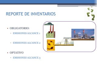 REPORTE DE INVENTARIOS
• OBLIGATORIO:
▫ EMISIONES ALCANCE 1
▫ EMISIONES ALCANCE 2
• OPTATIVO
▫ EMISIONES ALCANCE 3
 