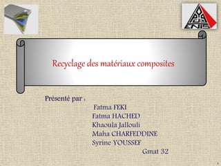 1 
Recyclage des matériaux composites 
Présenté par : 
Fatma FEKI 
Fatma HACHED 
Khaoula Jallouli 
Maha CHARFEDDINE 
Syrine YOUSSEF 
Gmat 32 
 