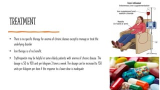 Treatment
• There is no specific therapy for anemia of chronic disease exceptto manage or treat the
underlying disorder
• Iron therapy is of no benefit.
• Erythropoietin may be helpful in some elderly patients with anemia of chronic disease. The
dosage is 50 to 100 unit per kilogram 3 times a week.The dosage can be increased to 150
units per kilogram per dose if the response to a lower dose is inadequate
 