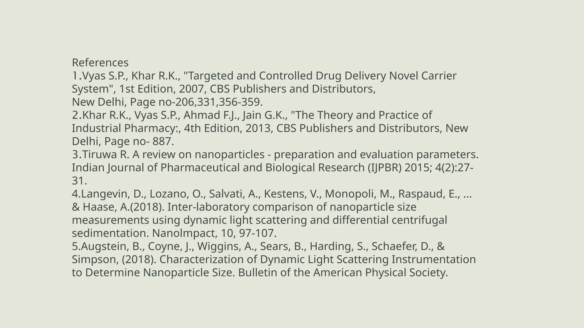 References
1.Vyas S.P., Khar R.K., "Targeted and Controlled Drug Delivery Novel Carrier
System", 1st Edition, 2007, CBS Publishers and Distributors,
New Delhi, Page no-206,331,356-359.
2.Khar R.K., Vyas S.P., Ahmad F.J., Jain G.K., "The Theory and Practice of
Industrial Pharmacy:, 4th Edition, 2013, CBS Publishers and Distributors, New
Delhi, Page no- 887.
3.Tiruwa R. A review on nanoparticles - preparation and evaluation parameters.
Indian Journal of Pharmaceutical and Biological Research (IJPBR) 2015; 4(2):27-
31.
4.Langevin, D., Lozano, O., Salvati, A., Kestens, V., Monopoli, M., Raspaud, E., ...
& Haase, A.(2018). Inter-laboratory comparison of nanoparticle size
measurements using dynamic light scattering and differential centrifugal
sedimentation. Nanolmpact, 10, 97-107.
5.Augstein, B., Coyne, J., Wiggins, A., Sears, B., Harding, S., Schaefer, D., &
Simpson, (2018). Characterization of Dynamic Light Scattering Instrumentation
to Determine Nanoparticle Size. Bulletin of the American Physical Society.
 