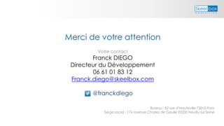 Merci de votre attention
Votre contact
Franck DIEGO
Directeur du Développement
06 61 01 83 12
Franck.diego@skeelbox.com
@franckdiego
Bureau : 82 rue d’Hauteville 75010 Paris
Siège social : 176 avenue Charles de Gaulle 92200 Neuilly sur Seine
 