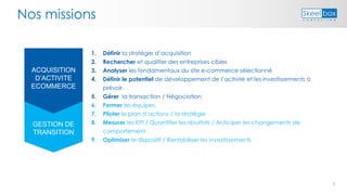 7
1. Définir la stratégie d’acquisition
2. Rechercher et qualifier des entreprises cibles
3. Analyser les fondamentaux du site e-commerce sélectionné
4. Définir le potentiel de développement de l’activité et les investissements à
prévoir.
5. Gérer la transaction / Négociation
6. Former les équipes.
7. Piloter le plan d’actions / la stratégie
8. Mesurer les KPI / Quantifier les résultats / Anticiper les changements de
comportement
9. Optimiser le dispositif / Rentabiliser les investissements
Nos missions
GESTION DE
TRANSITION
ACQUISITION
D’ACTIVITE
ECOMMERCE
 