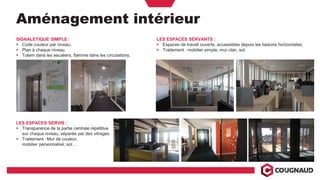 21
SIGNALETIQUE SIMPLE :
Code couleur par niveau,
Plan à chaque niveau,
Totem dans les escaliers, flamme dans les circulations.
Aménagement intérieur
LES ESPACES SERVIS :
Transparence de la partie centrale répétitive
sur chaque niveau, séparée par des vitrages
Traitement : Mur de couleur,
mobilier personnalisé, sol…
LES ESPACES SERVANTS :
Espaces de travail ouverts, accessibles depuis les liaisons horizontales,
Traitement : mobilier simple, mur clair, sol.
 