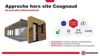 5
BE intégré
TCE
100 collaborateurs
Approche hors site Cougnaud
Un procédé tridimensionnel
VALORISER la mixité des matériaux (acier/bois/béton),
DEVELOPPER une filière bas carbone,
PARTICIPER à l’émergence d’une filière et d’une expertise.
 