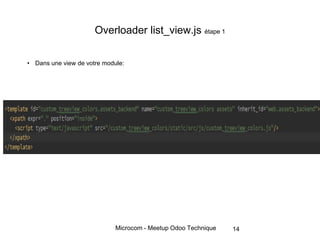 Microcom - Meetup Odoo Technique
Overloader list_view.js étape 1
• Dans une view de votre module:
14
 