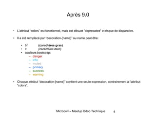 Microcom - Meetup Odoo Technique
Après 9.0
• L’attribut “colors” est fonctionnel, mais est désuet "deprecated" et risque de disparaître.
• Il a été remplacé par “decoration-{name}” ou name peut être:
• bf (caractères gras)
• it (caractères italic)
• couleurs bootstrap:
– danger
– info
– muted
– primary
– success
– warning
• Chaque attribut “decoration-{name}” contient une seule expression, contrairement à l’attribut
“colors”.
4
 