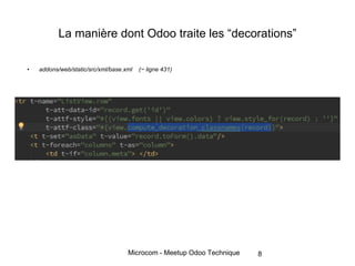 Microcom - Meetup Odoo Technique
La manière dont Odoo traite les “decorations”
• addons/web/static/src/xml/base.xml (~ ligne 431)
8
 