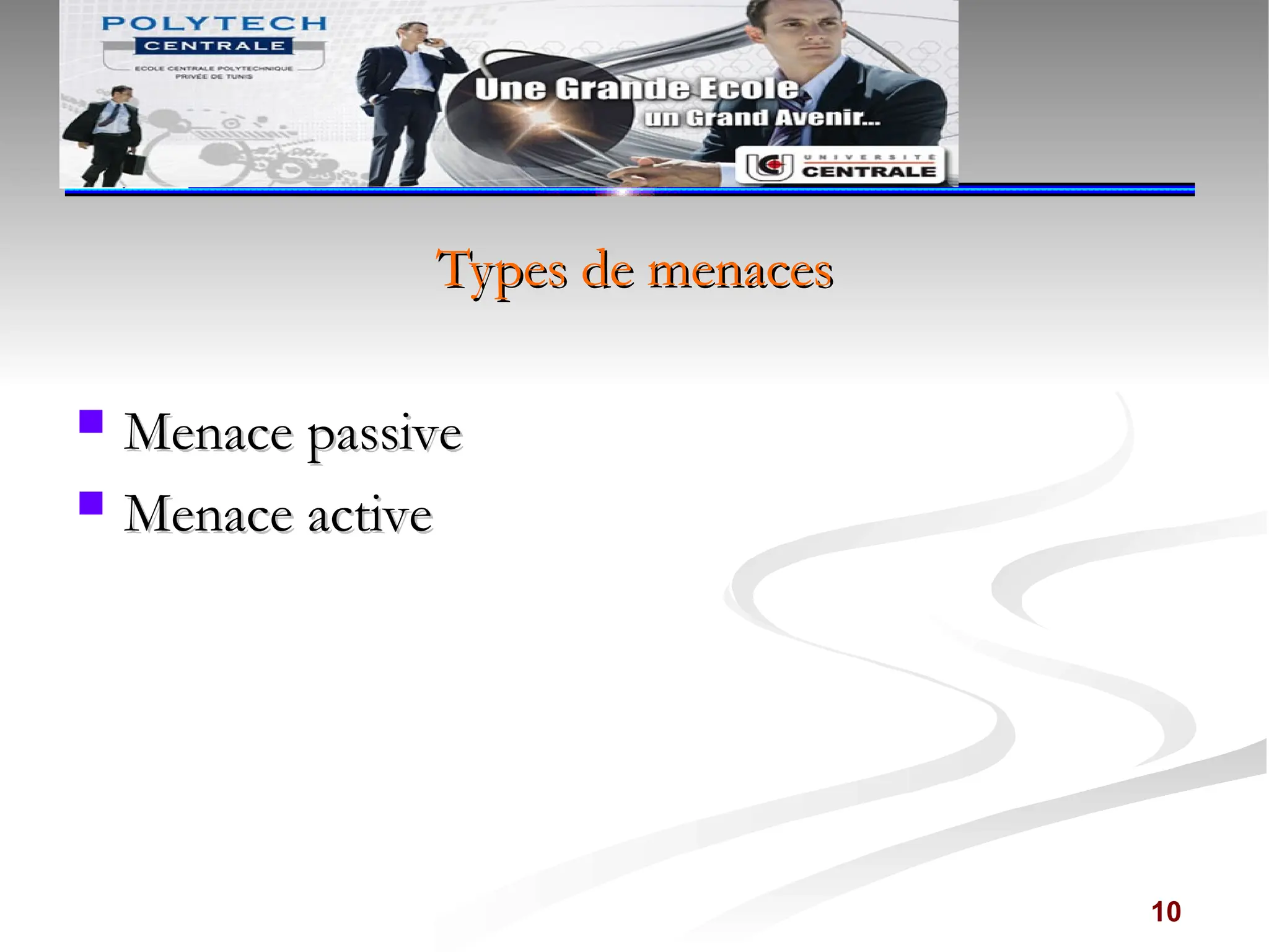 Types de menaces
Types de menaces
 Menace passive
Menace passive
 Menace active
Menace active
10
 