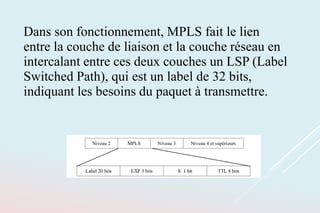 Dans son fonctionnement, MPLS fait le lien
entre la couche de liaison et la couche réseau en
intercalant entre ces deux couches un LSP (Label
Switched Path), qui est un label de 32 bits,
indiquant les besoins du paquet à transmettre.
 