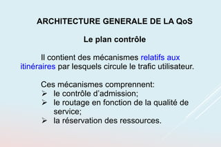 ARCHITECTURE GENERALE DE LA QoS
Le plan contrôle
Il contient des mécanismes relatifs aux
itinéraires par lesquels circule le trafic utilisateur.
Ces mécanismes comprennent:
 le contrôle d’admission;
 le routage en fonction de la qualité de
service;
 la réservation des ressources.
 