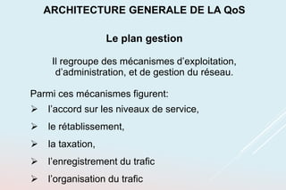ARCHITECTURE GENERALE DE LA QoS
Le plan gestion
Il regroupe des mécanismes d’exploitation,
d’administration, et de gestion du réseau.
Parmi ces mécanismes figurent:
 l’accord sur les niveaux de service,
 le rétablissement,
 la taxation,
 l’enregistrement du trafic
 l’organisation du trafic
 
