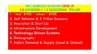 PM’S ADDRESSES TO NATION COVID-19
4.0 LOCKDOWNS+ 1.0 UNLOCKDOWN- 7PILLARS
1. “Jee” BHEE “ Jahan “ BHEE
2. Self Reliance & 5 Trillion Economy
3. Innovation & Start Up
4. Infrastructure Development
5. Technology Driven Systems
6. Demography
7. India’s Demand & Supply (Local & Global)
 