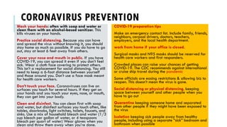CORONAVIRUS PREVENTION
Wash your hands: often with soap and water or
clean them with an alcohol-based sanitizer. This
kills viruses on your hands.
Practice social distancing. Because you can have
and spread the virus without knowing it, you should
stay home as much as possible. If you do have to go
out, stay at least 6 feet away from others.
Cover your nose and mouth in public. If you have
COVID-19, you can spread it even if you don’t feel
sick. Wear a cloth face covering to protect others.
This isn’t a replacement for social distancing. You still
need to keep a 6-foot distance between yourself
and those around you. Don’t use a face mask meant
for health care workers.
Don’t touch your face. Coronaviruses can live on
surfaces you touch for several hours. If they get on
your hands and you touch your eyes, nose, or mouth,
they can get into your body.
Clean and disinfect. You can clean first with soap
and water, but disinfect surfaces you touch often, like
tables, doorknobs, light switches, toilets, faucets, and
sinks. Use a mix of household bleach and water (1/3
cup bleach per gallon of water, or 4 teaspoons
bleach per quart of water) Wear gloves when you
clean and throw them away when you’re done.
COVID-19 preparation tips
Make an emergency contact list. Include family, friends,
neighbors, carpool drivers, doctors, teachers,
employers, and the local health department.
work from home if your office is closed.
Surgical masks and N95 masks should be reserved for
health care workers and first responders.
Crowded places can raise your chances of getting
COVID-19. The CDC recommends against international
or cruise ship travel during the pandemic
Some officials are easing restrictions & allowing biz to
reopen. This doesn’t mean the virus is gone.
Social distancing or physical distancing, keeping
space between yourself and other people when you
have to go out
Quarantine keeping someone home and separated
from other people if they might have been exposed to
the virus
Isolation keeping sick people away from healthy
people, including using a separate “sick” bedroom and
bathroom when possible
 