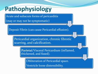 Pathophysiology
Acute and subacute forms of pericarditis
(may or may not be symptomatic)
Deposit Fibrin (can cause Pericardial effusion).
Pericardial organization, chronic fibrotic
scarring, and calcification.
Parietal/Visceral Pericardium (inflamed,
thickened, and fused).
Obliteration of Pericardial space.
Ventricle loose distensibility.
 