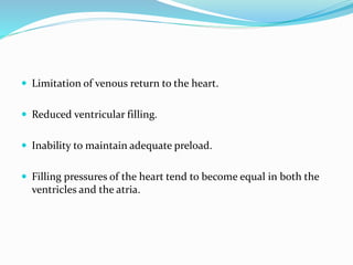  Limitation of venous return to the heart.
 Reduced ventricular filling.
 Inability to maintain adequate preload.
 Filling pressures of the heart tend to become equal in both the
ventricles and the atria.
 