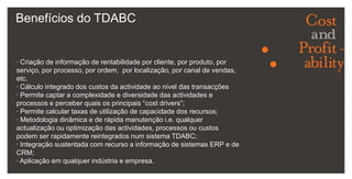 O TDABC em Prática4. Agregar as actividades e os seus tempos para constituir a “TimeEquation” no processo.Time equation = 2 + 2 * LI + 1 + 5 {if NEW} + 1 {if CONF} + 1 {if QUOTE}*(1 + 5 {NS})*6{if QCONF}*LI)LI  — # de linhas de encomendaNEW —  indica se é um cliente novoCONF —  indica se é uma reserva confirmadaQUOTE —  indica se é uma reserva já com cotaçãoNS — indica se é um produto sem stockQCONF — indica se é uma cotação confirmada