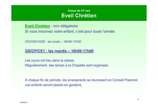 21/09/2019
14
Classe de CP vert
Eveil Chrétien
Eveil Chrétien : non obligatoire
Si vous inscrivez votre enfant, c’est pour toute l’année.
CE2/CM1/CM2 : les lundis – 16h00-17h00
GS/CP/CE1 : les mardis – 16h00-17h00
Les cours ont lieu dans la classe.
Régulièrement, des temps à la Chapelle sont organisés.
A chaque fin de période, les enseignants se réunissent en Conseil Pastoral,
vos enfants seront placés en garderie.
 