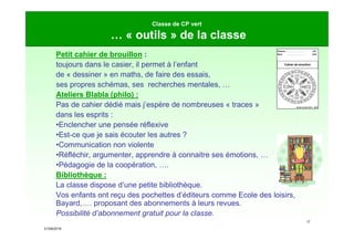 21/09/2019
17
Classe de CP vert
… « outils » de la classe
Petit cahier de brouillon :
toujours dans le casier, il permet à l’enfant
de « dessiner » en maths, de faire des essais,
ses propres schémas, ses recherches mentales, …
Ateliers Blabla (philo) :
Pas de cahier dédié mais j’espère de nombreuses « traces »
dans les esprits :
•Enclencher une pensée réflexive
•Est-ce que je sais écouter les autres ?
•Communication non violente
•Réfléchir, argumenter, apprendre à connaitre ses émotions, …
•Pédagogie de la coopération, ….
Bibliothèque :
La classe dispose d’une petite bibliothèque.
Vos enfants ont reçu des pochettes d’éditeurs comme Ecole des loisirs,
Bayard,…. proposant des abonnements à leurs revues.
Possibilité d’abonnement gratuit pour la classe.
Prénom …………………
Nom …………………
Année scolaire 2017 - 2018
CP
vert
Cahier de brouillon
 