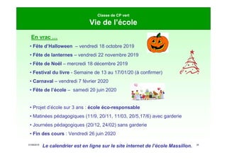 21/09/2019 24
Classe de CP vert
Vie de l’école
En vrac …
• Fête d’Halloween – vendredi 18 octobre 2019
• Fête de lanternes – vendredi 22 novembre 2019
• Fête de Noël – mercredi 18 décembre 2019
• Festival du livre - Semaine de 13 au 17/01/20 (à confirmer)
• Carnaval – vendredi 7 février 2020
• Fête de l’école – samedi 20 juin 2020
• Projet d’école sur 3 ans : école éco-responsable
• Matinées pédagogiques (11/9, 20/11, 11/03, 20/5,17/6) avec garderie
• Journées pédagogiques (20/12, 24/02) sans garderie
• Fin des cours : Vendredi 26 juin 2020
Le calendrier est en ligne sur le site internet de l’école Massillon.
 