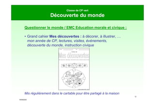 16/09/2020
12
Classe de CP vert
Découverte du monde
Questionner le monde / EMC Education morale et civique :
• Grand cahier Mes découvertes : à décorer, à illustrer, …
mon année de CP, lectures, visites, évènements,
découverte du monde, instruction civique
Mis régulièrement dans le cartable pour être partagé à la maison
Prénom N om
Mon année de CP - Mes lectures - Découverte du m onde - Instruction civique et m orale
Année scolaire 2016 - 2017
Cahier de
 