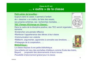 16/09/2020
18
Classe de CP vert
… « outils » de la classe
Petit cahier de brouillon :
toujours dans le casier, il permet à l’enfant
de « dessiner » en maths, de faire des essais,
ses propres schémas, ses recherches mentales, …
TEC (Temps d’Echange en Classe) :
Dans le cadre de la discipline positive, des TEC seront organisés chaque
semaine.
•Enclencher une pensée réflexive
•Renforcer l’appartenance des élèves à leur classe
•Communication non violente
•Réfléchir, argumenter, apprendre à connaitre ses émotions, …
•Pédagogie de la coopération, ….
Bibliothèque :
La classe dispose d’une petite bibliothèque.
Vos enfants ont reçu des pochettes d’éditeurs comme Ecole des loisirs,
Bayard,…. proposant des abonnements à leurs revues.
Possibilité d’abonnement gratuit pour la classe.
Prénom …………………
Nom …………………
Année scolaire 2017 - 2018
CP
vert
Cahier de brouillon
 