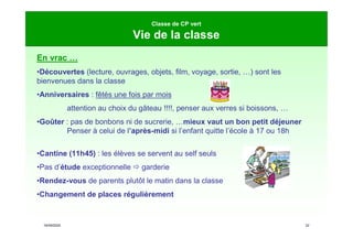 16/09/2020 22
Classe de CP vert
Vie de la classe
En vrac …
•Découvertes (lecture, ouvrages, objets, film, voyage, sortie, …) sont les
bienvenues dans la classe
•Anniversaires : fêtés une fois par mois
attention au choix du gâteau !!!!, penser aux verres si boissons, …
•Goûter : pas de bonbons ni de sucrerie, …mieux vaut un bon petit déjeuner
Penser à celui de l’après-midi si l’enfant quitte l’école à 17 ou 18h
•Cantine (11h45) : les élèves se servent au self seuls
•Pas d’étude exceptionnelle  garderie
•Rendez-vous de parents plutôt le matin dans la classe
•Changement de places régulièrement
 