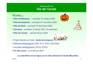 16/09/2020 25
Classe de CP vert
Vie de l’école
En vrac …
• Fête d’Halloween – vendredi 16 octobre 2020
• Fête de lanternes – vendredi 27 novembre 2020
• Fête de Noël – mercredi 16 décembre 2020
• Carnaval – vendredi 12 février 2021 (à confirmer)
• Fête de l’école – samedi 20 juin 2020
• Projet d’école sur 3 ans : école éco-responsable
• Matinées pédagogiques (9/9, 4/11, 27/01,12/5,16/6)
• Journées pédagogiques (18/12, 01/03)
• Fin des cours : Lund 28 juin 2021
Le calendrier est en ligne sur le site internet de l’école Massillon.
 