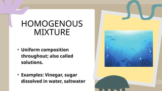• Uniform composition
throughout; also called
solutions.
• Examples: Vinegar, sugar
dissolved in water, saltwater
HOMOGENOUS
MIXTURE
 