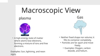 Macroscopic View
plasma
• A high-energy state of matter
where atoms lose electrons,
forming a mixture of ions and free
electrons.
Examples: Sun, lightning, and neon
signs.
Gas
• Neither fixed shape nor volume; it
fills its container completely.
• Particles are far apart and move
freely.
• Examples: Oxygen, carbon
dioxide, and helium.
 