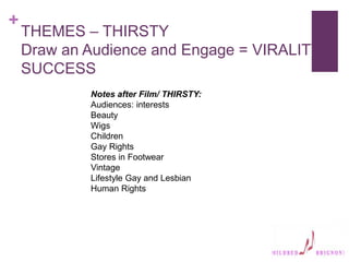 +
THEMES – THIRSTY
Draw an Audience and Engage = VIRALITY
SUCCESS
Notes after Film/ THIRSTY:
Audiences: interests
Beauty
Wigs
Children
Gay Rights
Stores in Footwear
Vintage
Lifestyle Gay and Lesbian
Human Rights
 