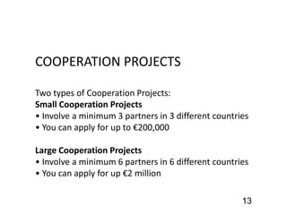 13
COOPERATION PROJECTS
Two types of Cooperation Projects:
Small Cooperation Projects
• Involve a minimum 3 partners in 3 different countries
• You can apply for up to €200,000
Large Cooperation Projects
• Involve a minimum 6 partners in 6 different countries
• You can apply for up €2 million
 