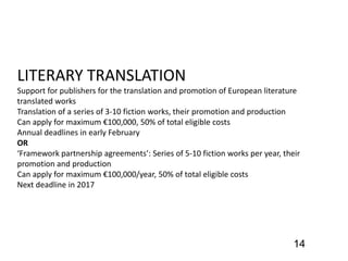 14
LITERARY TRANSLATION
Support for publishers for the translation and promotion of European literature
translated works
Translation of a series of 3-10 fiction works, their promotion and production
Can apply for maximum €100,000, 50% of total eligible costs
Annual deadlines in early February
OR
‘Framework partnership agreements’: Series of 5-10 fiction works per year, their
promotion and production
Can apply for maximum €100,000/year, 50% of total eligible costs
Next deadline in 2017
 