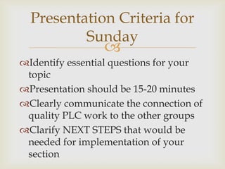 Presentation Criteria for
Sunday



Identify essential questions for your
topic
Presentation should be 15-20 minutes
Clearly communicate the connection of
quality PLC work to the other groups
Clarify NEXT STEPS that would be
needed for implementation of your
section

 