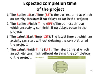 Expected completion time
of the project
1. The Earliest Start Time (EST): the earliest time at which
an activity can start if no delays occur in the project;
2. The Earliest Finish Time (EFT): The earliest time at
which an activity can finish if no delays occur in the
project;
3. The Latest Start Time (LST): The latest time at which an
activity can start without delaying the completion of
the project;
4. The Latest Finish Time (LFT): The latest time at which
an activity can finish without delaying the completion
of the project.
100
 