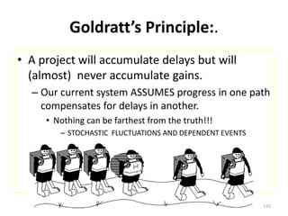 Goldratt’s Principle:.
• A project will accumulate delays but will
(almost) never accumulate gains.
– Our current system ASSUMES progress in one path
compensates for delays in another.
• Nothing can be farthest from the truth!!!
– STOCHASTIC FLUCTUATIONS AND DEPENDENT EVENTS
115
 