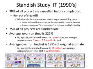 Standish Study IT (1990’s)
• 30% of all project are cancelled before completion.
– Run out of steam!!!
• Most projects scope are cut down to get something done
– Leave technical features out for the next product release/version
– Aspect considered “less important” or reduced quality/reliability
• 75% of all projects are finished late
• Average over run time is 222%
• ie, a project estimated to end in 1 year takes, on average,
approximately 3 years 2.2 months to end
• Average over run budget is 189% of original estimate
• ie, a project estimated to cost in $1 million, on average,
approximately final cost is $2.89 millions
13
 
