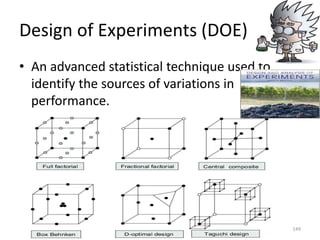 Design of Experiments (DOE)
• An advanced statistical technique used to
identify the sources of variations in
performance.
149
 