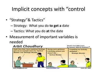 Implicit concepts with “control
• “Strategy”& Tactics”
– Strategy: What you do to get a date
– Tactics: What you do at the date
• Measurement of important variables is
needed
18
 