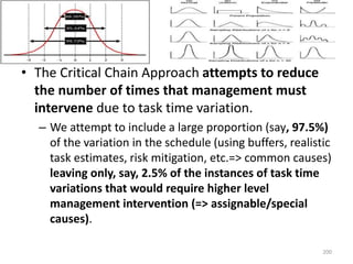 • The Critical Chain Approach attempts to reduce
the number of times that management must
intervene due to task time variation.
– We attempt to include a large proportion (say, 97.5%)
of the variation in the schedule (using buffers, realistic
task estimates, risk mitigation, etc.=> common causes)
leaving only, say, 2.5% of the instances of task time
variations that would require higher level
management intervention (=> assignable/special
causes).
200
 
