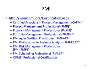 PMI
• http://www.pmi.org/Certification.aspx
– Certified Associate in Project Management (CAPM)®
– Project Management Professional (PMP)®
– Program Management Professional (PgMP)®
– Portfolio Management Professional (PfMP)SM
– PMI Agile Certified Practitioner (PMI-ACP)®
– PMI Professional in Business Analysis (PMI-PBA)SM
– PMI Risk Management Professional
(PMI-RMP)®
– PMI Scheduling Professional (PMI-SP)®
– OPM3® Professional Certification
293
 