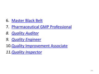 6. Master Black Belt
7. Pharmaceutical GMP Professional
8. Quality Auditor
9. Quality Engineer
10.Quality Improvement Associate
11.Quality Inspector
295
 