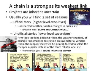 A chain is a strong as its weakest link
• Projects are inherent uncertain
• Usually you will find 2 set of reasons
– Official story (higher level executives)
• Unexpected weather, sudden changes in prices, etc.
– It wasn’t me!!! BLAME THE OUTSIDE WORLD
– Unofficial stories (lower level supervisors)
• Firm took too long deciding (then, the weather changed, of
course); firm imposed restriction on raw material vendors
(then, the supplier increased his prices), forced to select the
cheaper supplier instead of the more reliable one, etc.
– Yeah!! It was you!!! BLAME THE INSIDE WORLD
44
 